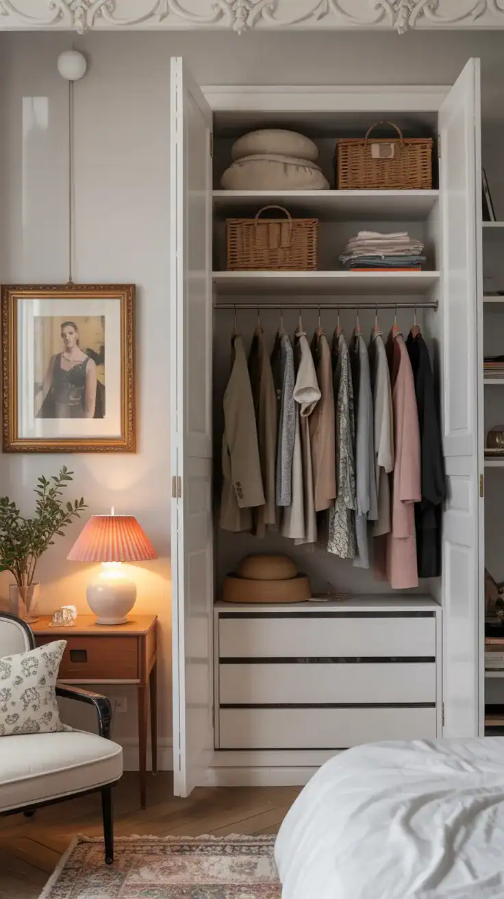 Parisian apartment bedroom with a simple open wardrobe or armoire with carefully curated clothing