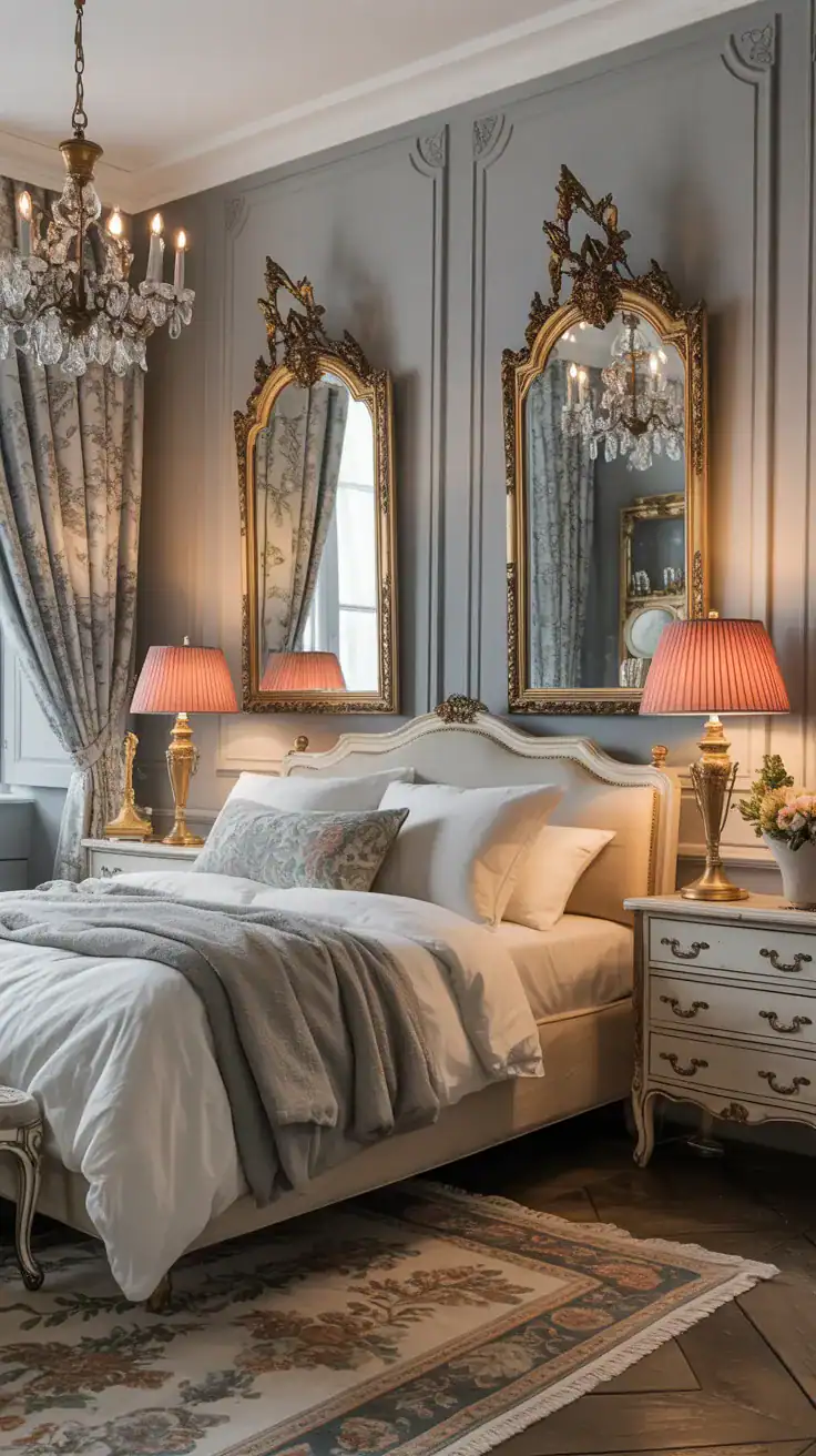 Aged brass accents in a French bedroom on lamps, drawer pulls and mirror frames