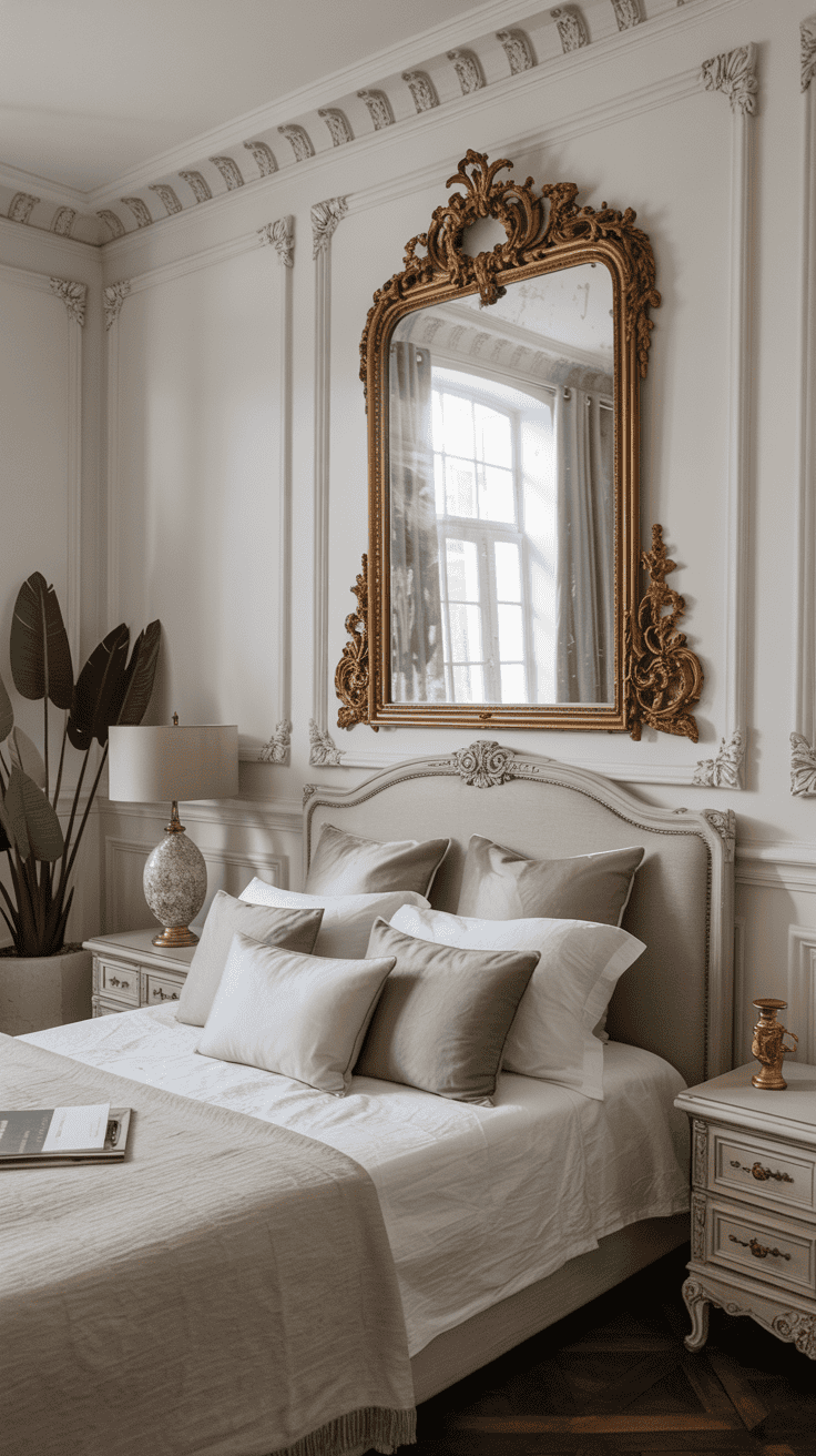 French bedroom with a statement ornate mirror as the focal point