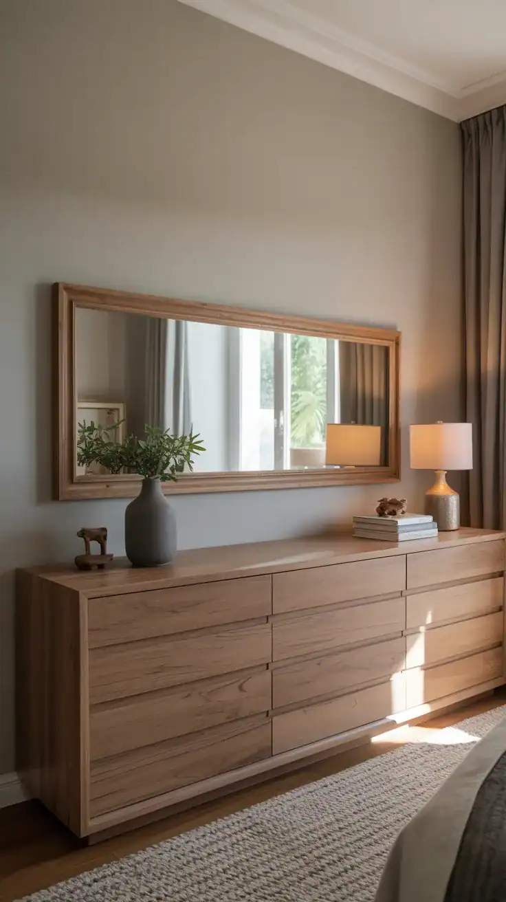 Wall mounted Long mirror centered over a low dresser in a bedroom