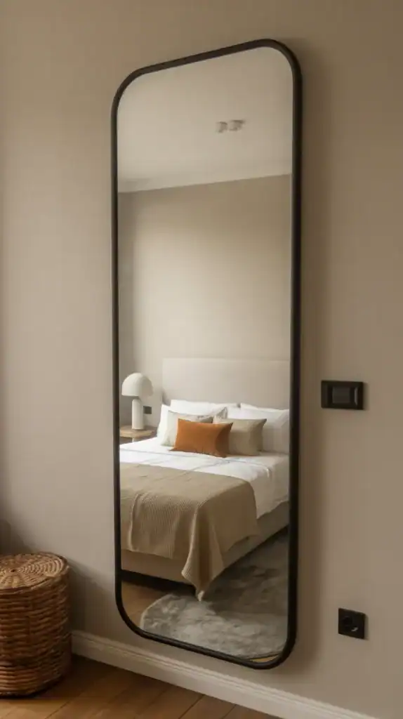 Long mirror with slim frame in bedroom creating visual lightness Wall mounted Long mirror with slim frame in bedroom creating visual lightness