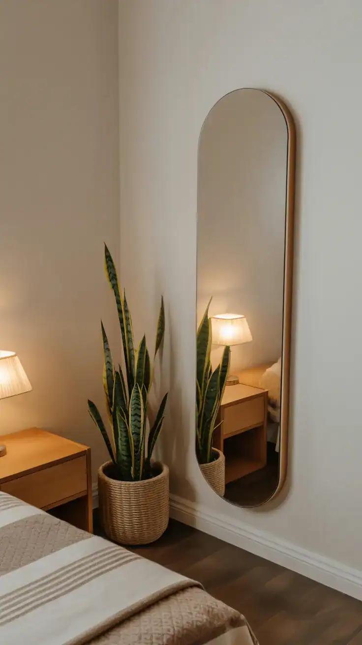 Long mirror paired with tall plant in bedroom corner Long mirror paired with tall plant in bedroom corner