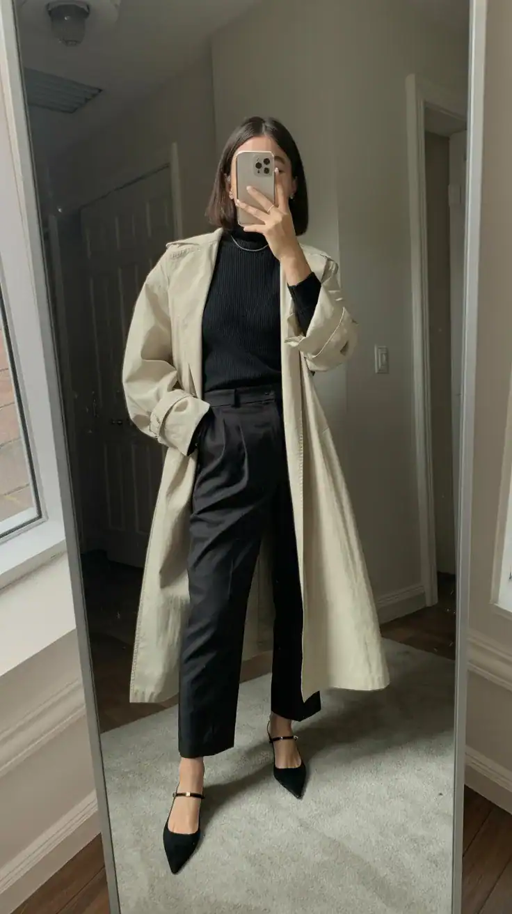 iPhone back-view selfie in a mirror of a woman wearing an all-black outfit (black knit top and black trousers) topped with a cream trench and understated black slingbacks, face not visible, entryway mirror, soft afternoon light, iPhone photo quality.