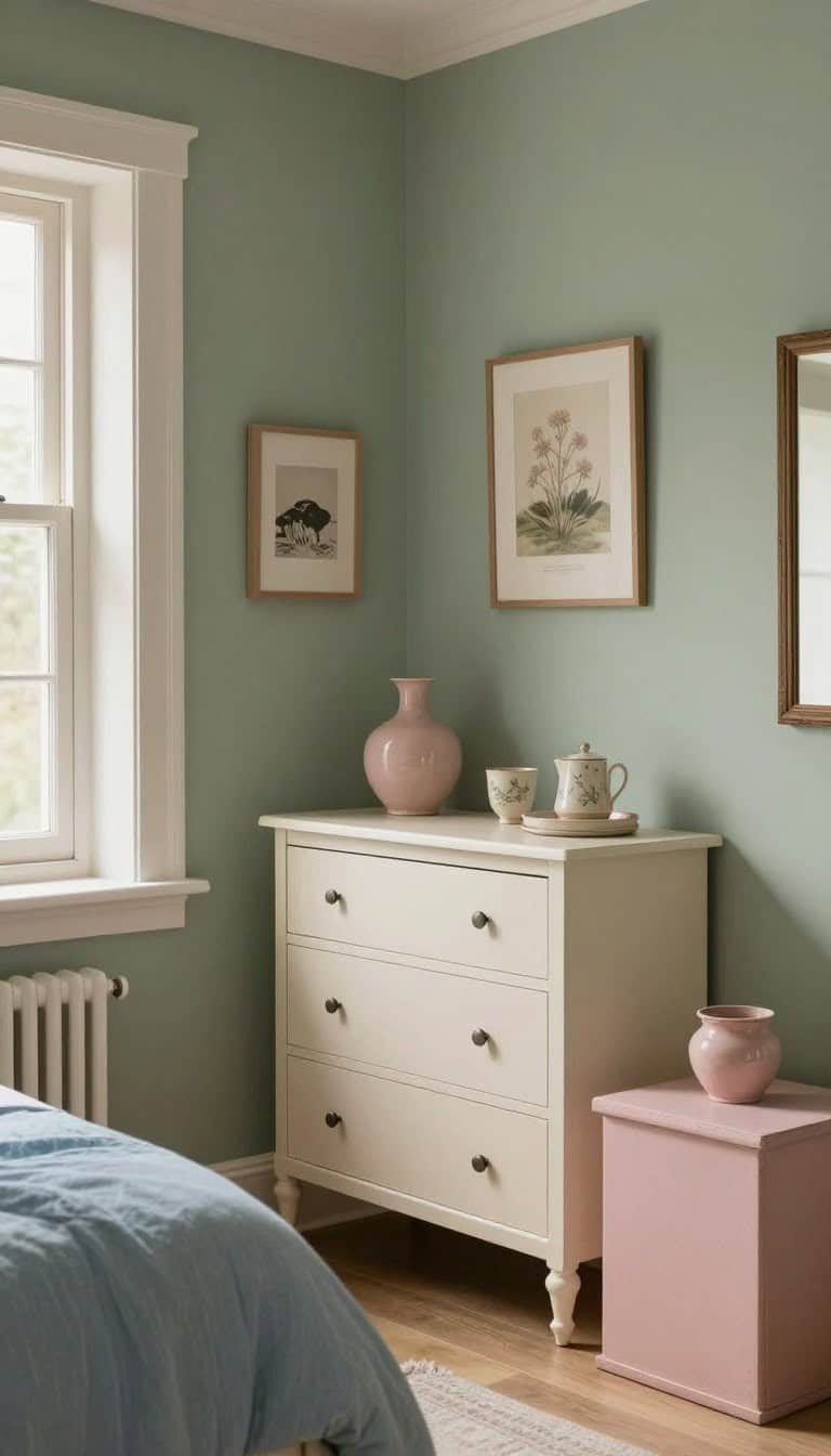 Soft muted cottagecore color palette showing sage green, cream, dusty pink and muted blue paint swatches in a cottagecore home decor setting