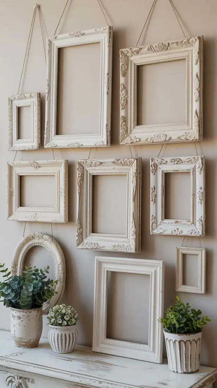 Collection of vintage frames painted in white and cream tones arranged on a wall in shabby chic style