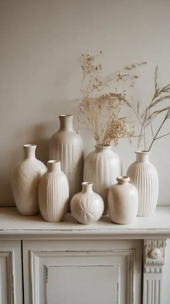 Collection of mismatched white and cream ceramic vases arranged on a shabby chic shelf