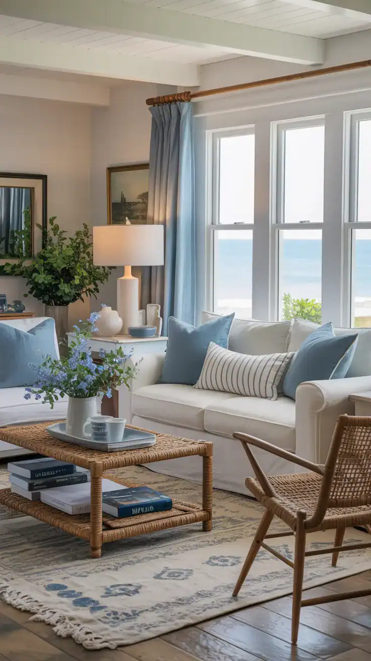 Coastal farmhouse living space with subtle blue accents in pillows and accessories