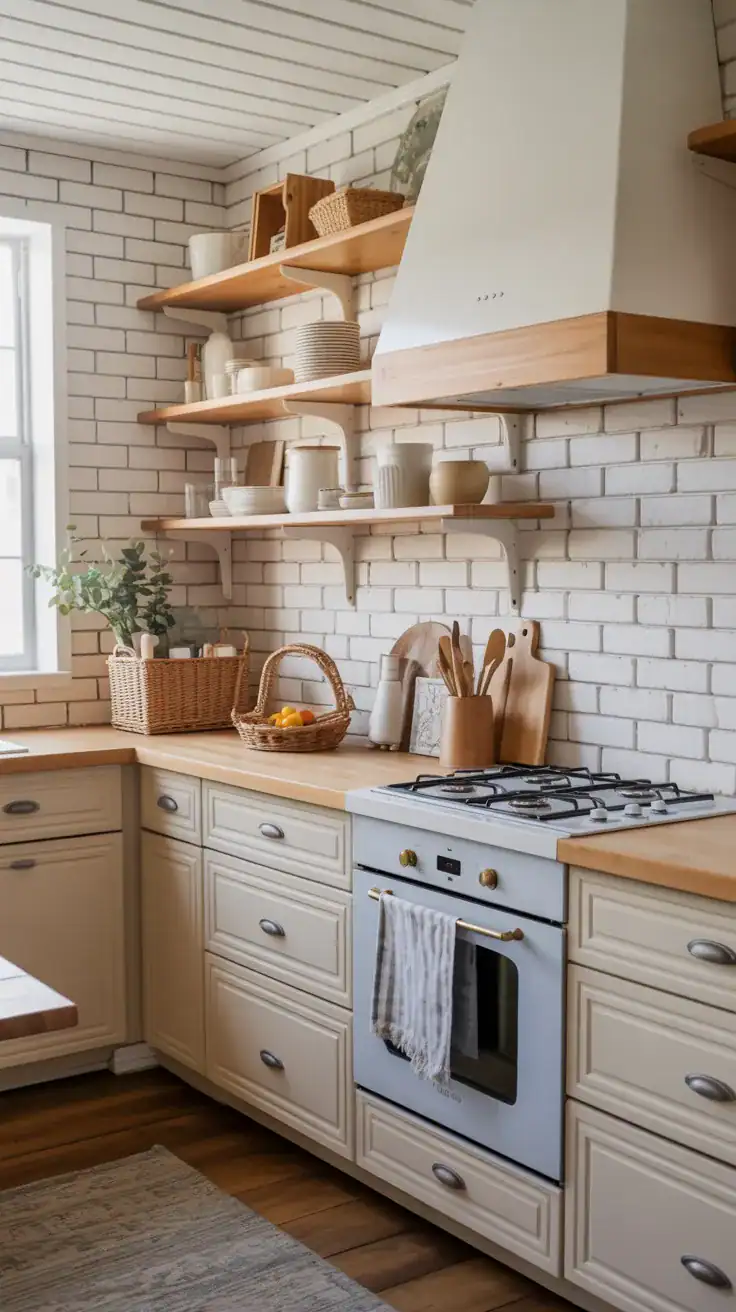 Coastal farmhouse kitchen with softened farmhouse elements like light wood open shelving and white cabinets