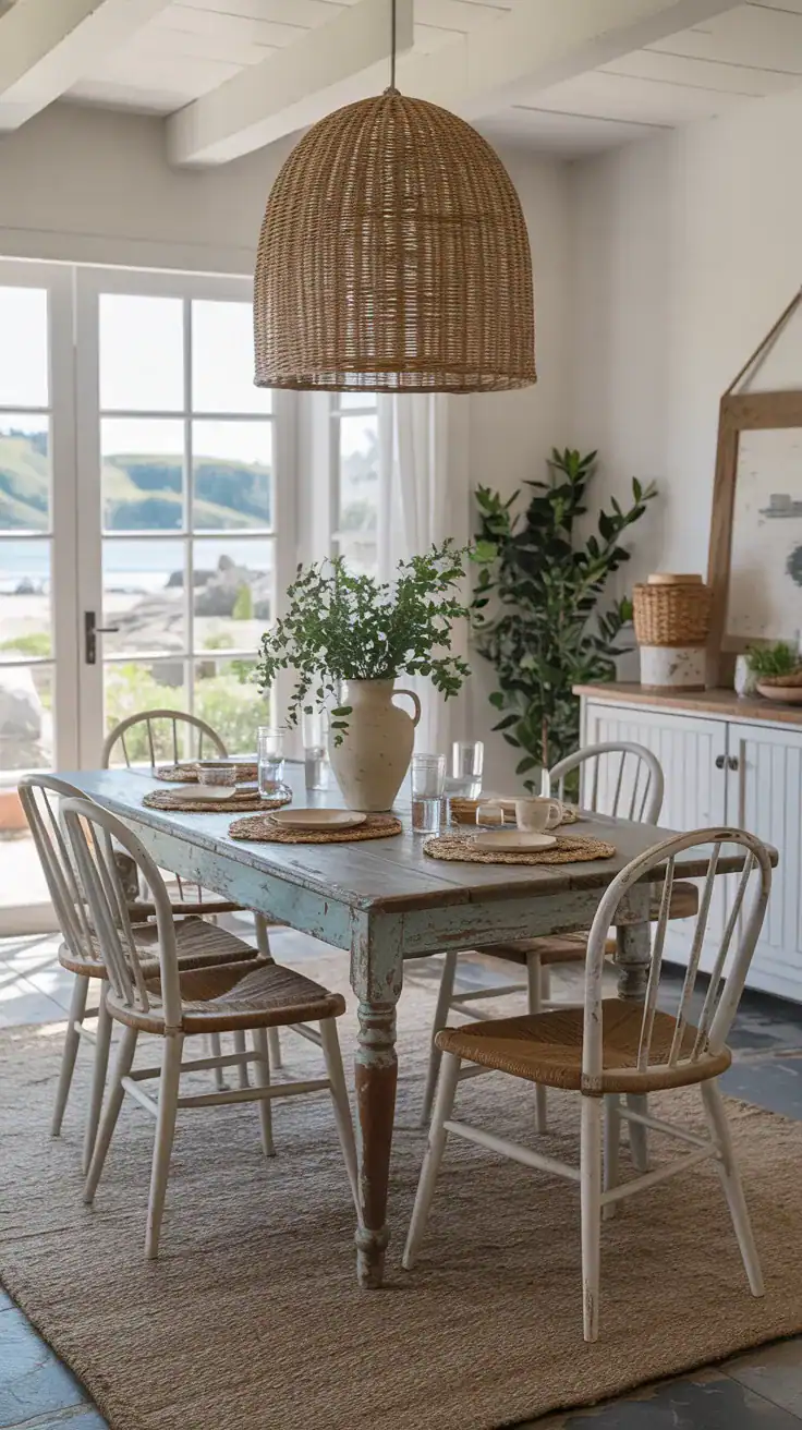 Coastal farmhouse dining area with weathered wood table and vintage accessories