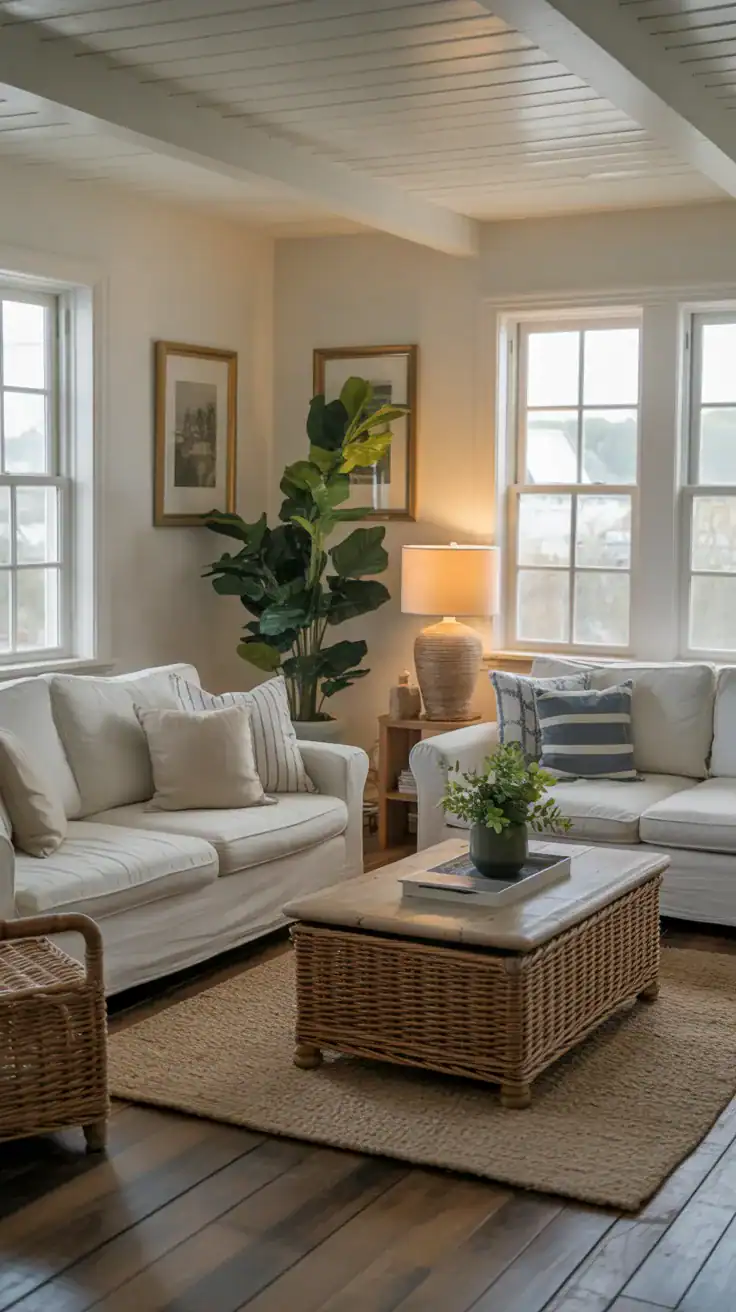 Lived-in coastal farmhouse family room with comfortable seating and practical elements