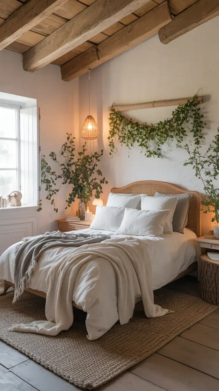 Shabby chic bedroom with natural wood elements and simple greenery