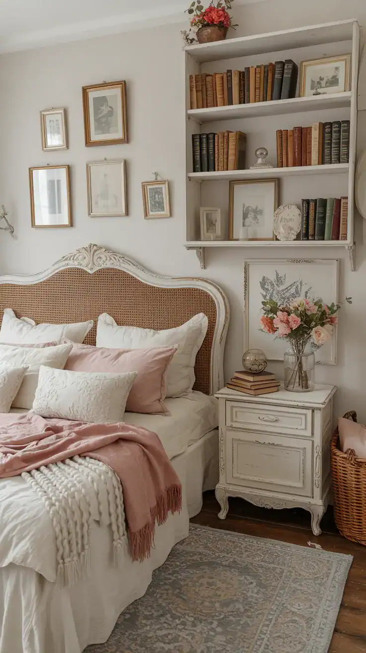 Shabby chic bedroom with personal mementos and vintage books