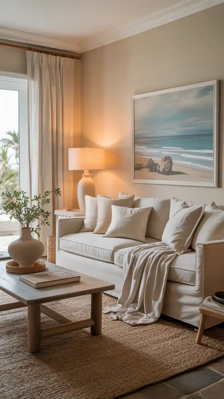 Cozy coastal living room with soft neutral colors including cream walls, sandy beige sofa, and warm white accents