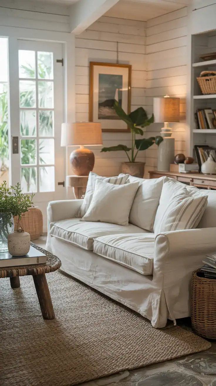 Relaxed linen sofa in off-white with casual slipcover in a cozy coastal living room