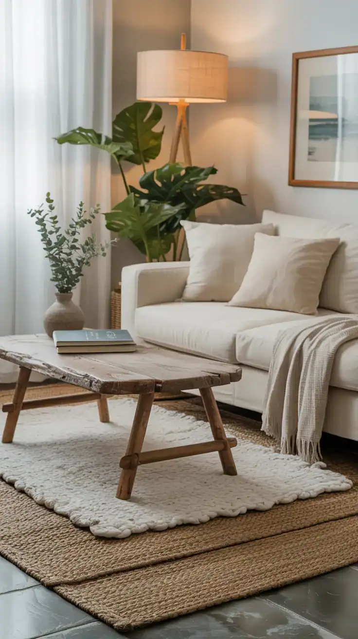 Layered textured rugs in a cozy coastal living room with jute base and soft wool top layer