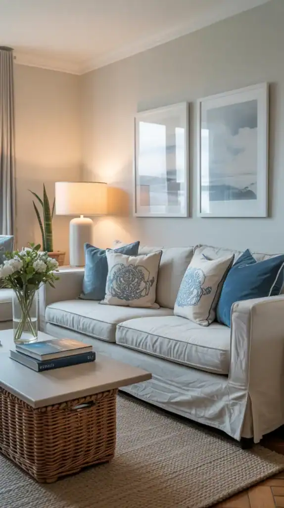 Cozy coastal living room with subtle blue accents in pillows and artwork against neutral background
