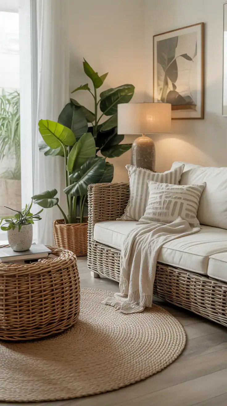 Cozy coastal living room featuring woven baskets, rattan furniture, and natural fiber elements