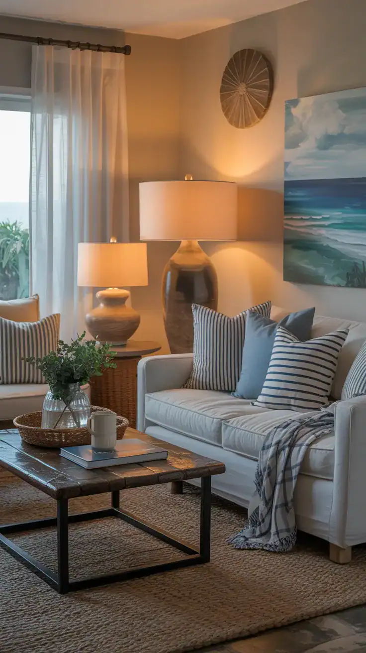 Cozy coastal living room with layered, warm lighting from table lamps and floor lamps