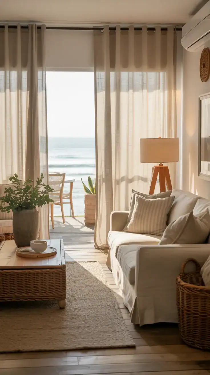 Cozy coastal living room with flowing linen curtains filtering soft light