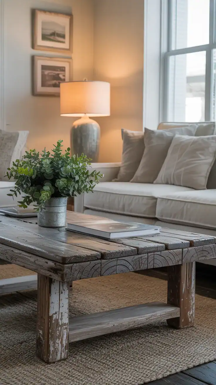 Weathered wood coffee table with visible grain in a cozy coastal living room