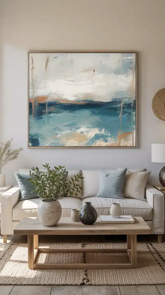 Abstract coastal artwork in muted blues and neutrals in a cozy living room