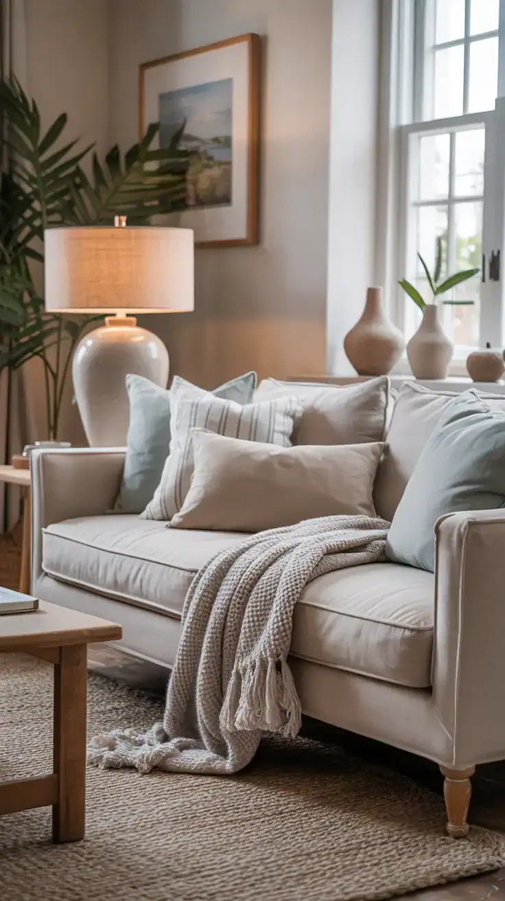 Cozy coastal living room sofa with layered linen and cotton cushions and a soft knit throw