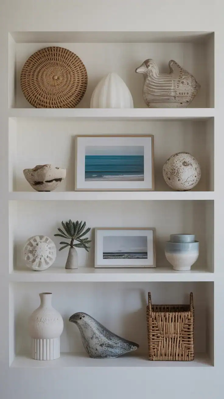 Simple open shelving with carefully curated coastal objects and plenty of negative space