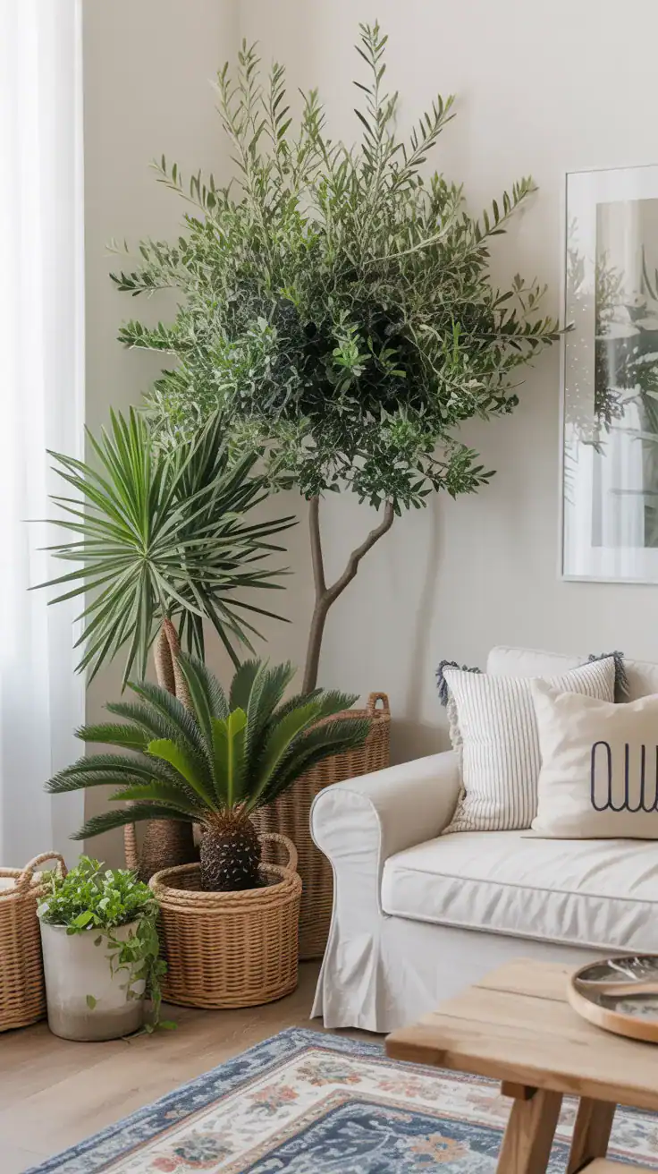 Cozy coastal living room with olive tree, palms, and trailing plants in simple planters