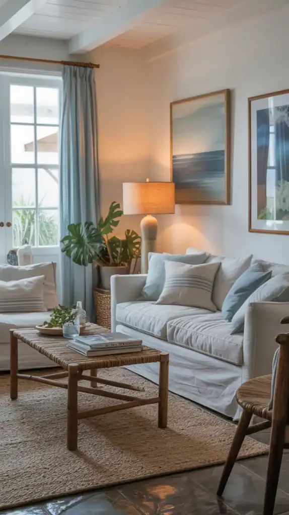 Perfectly imperfect cozy coastal living room with casual styling and signs of everyday life
