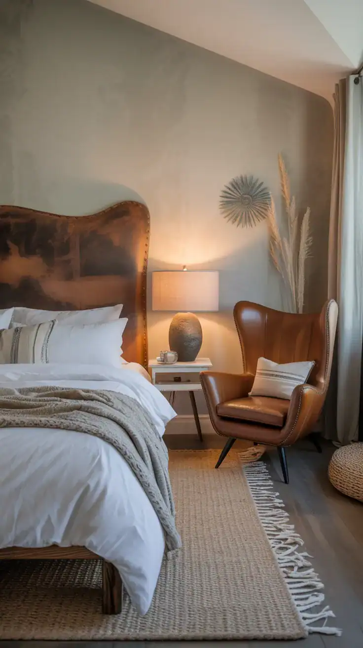 Coastal cowgirl bedroom featuring worn leather headboard and accent chair against neutral backdrop