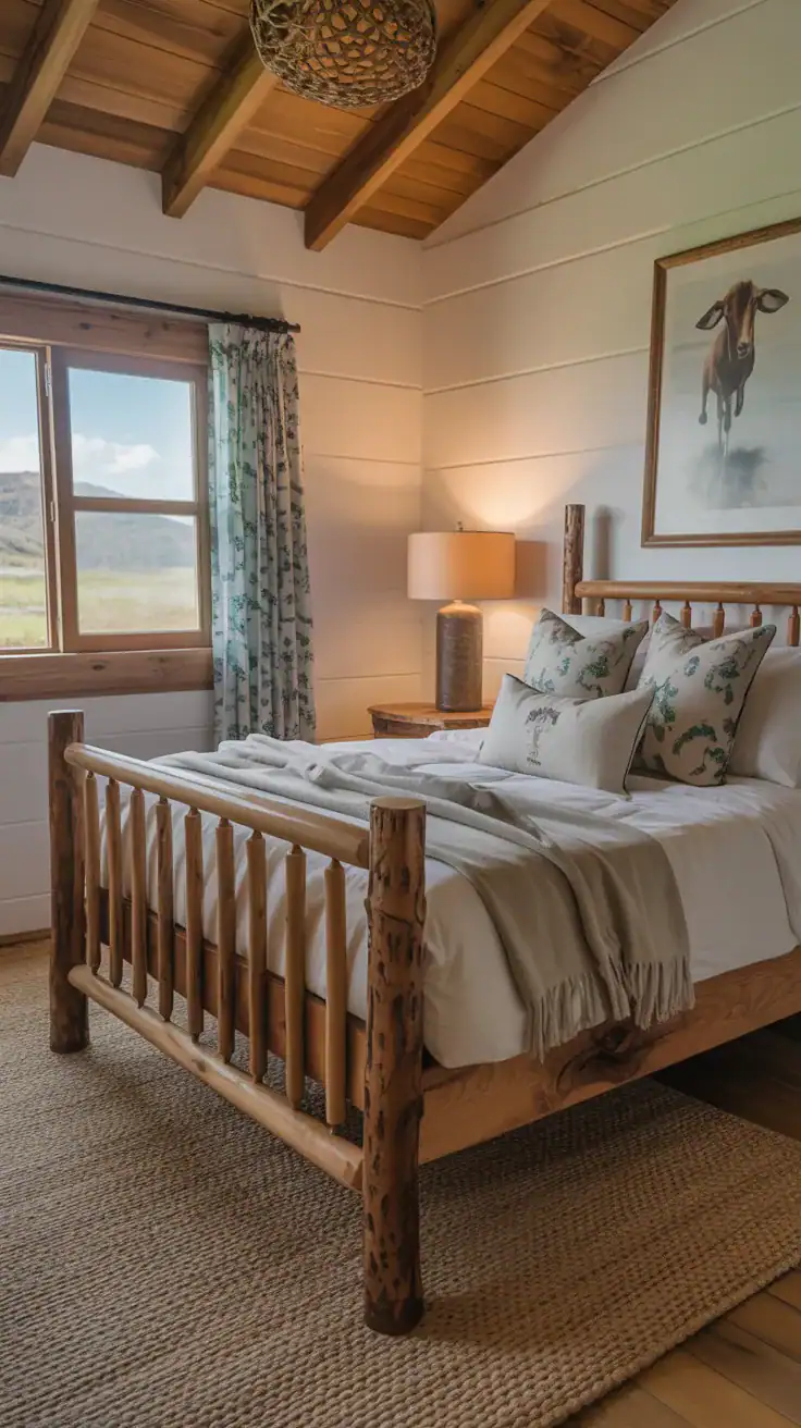 Coastal cowgirl bedroom with natural wood furniture showing visible grain and texture