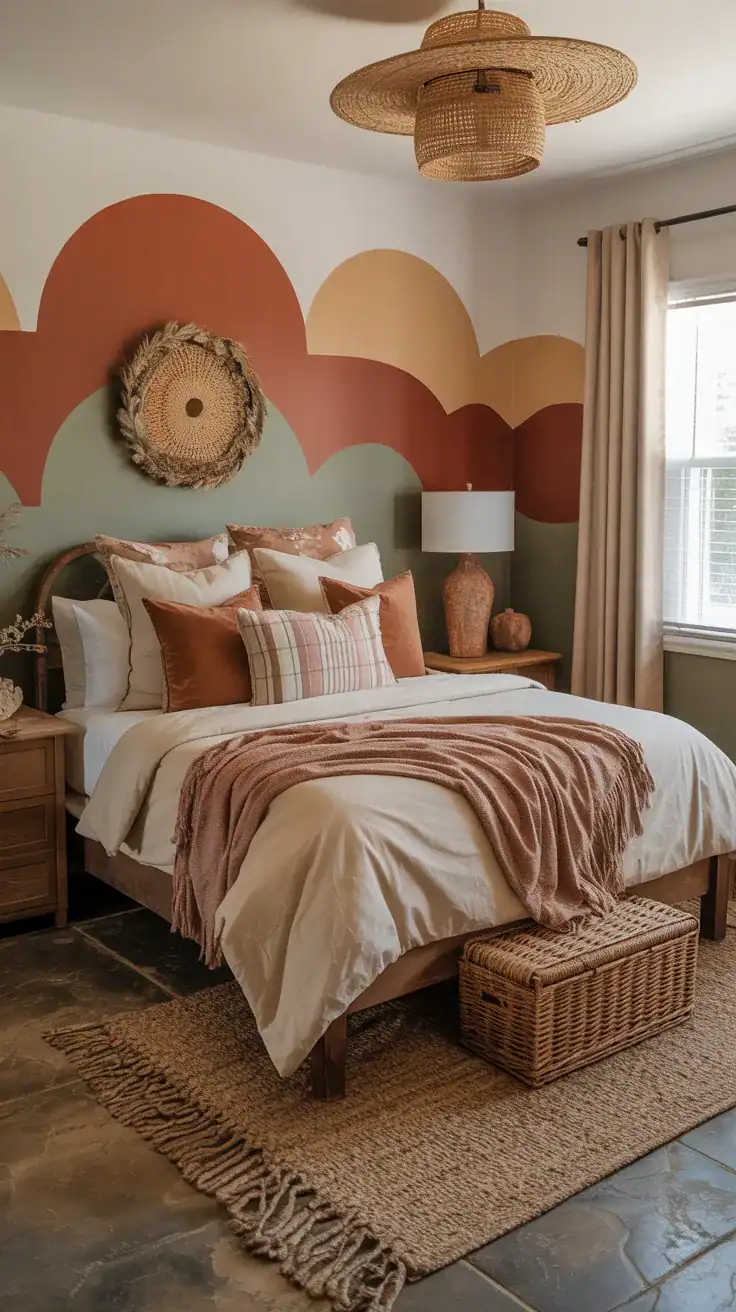 Coastal cowgirl bedroom with earthy accent colors like clay, rust, sage, and warm brown