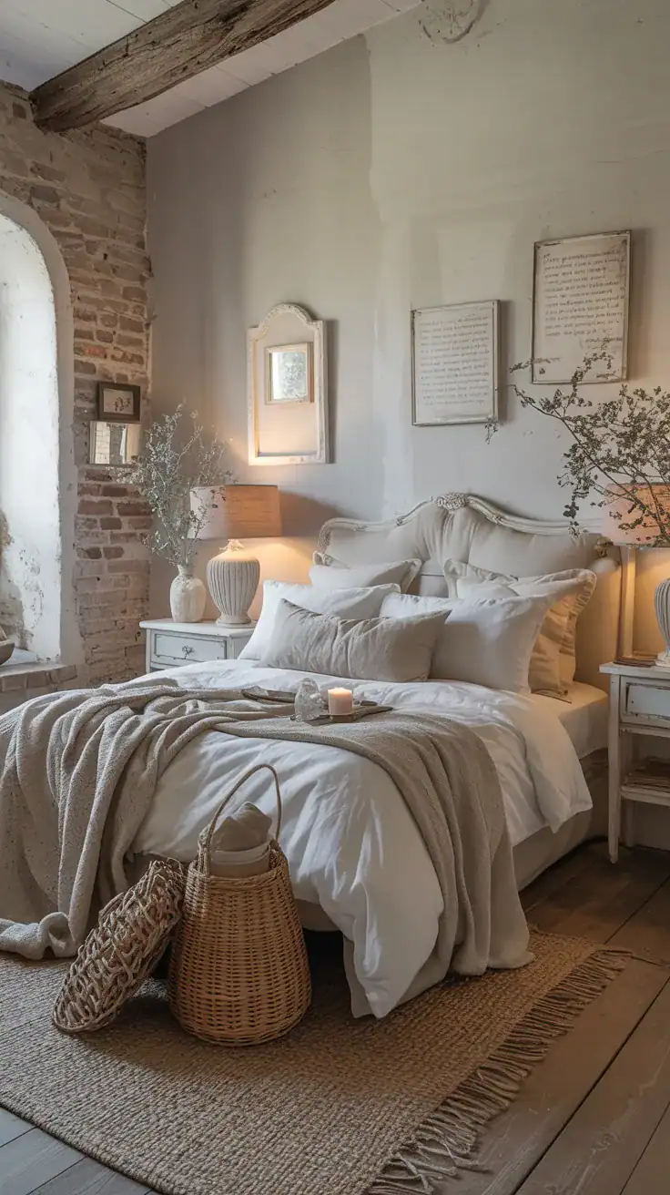 Muted neutral color palette with gentle contrasts in a rustic meets shabby chic bedroom