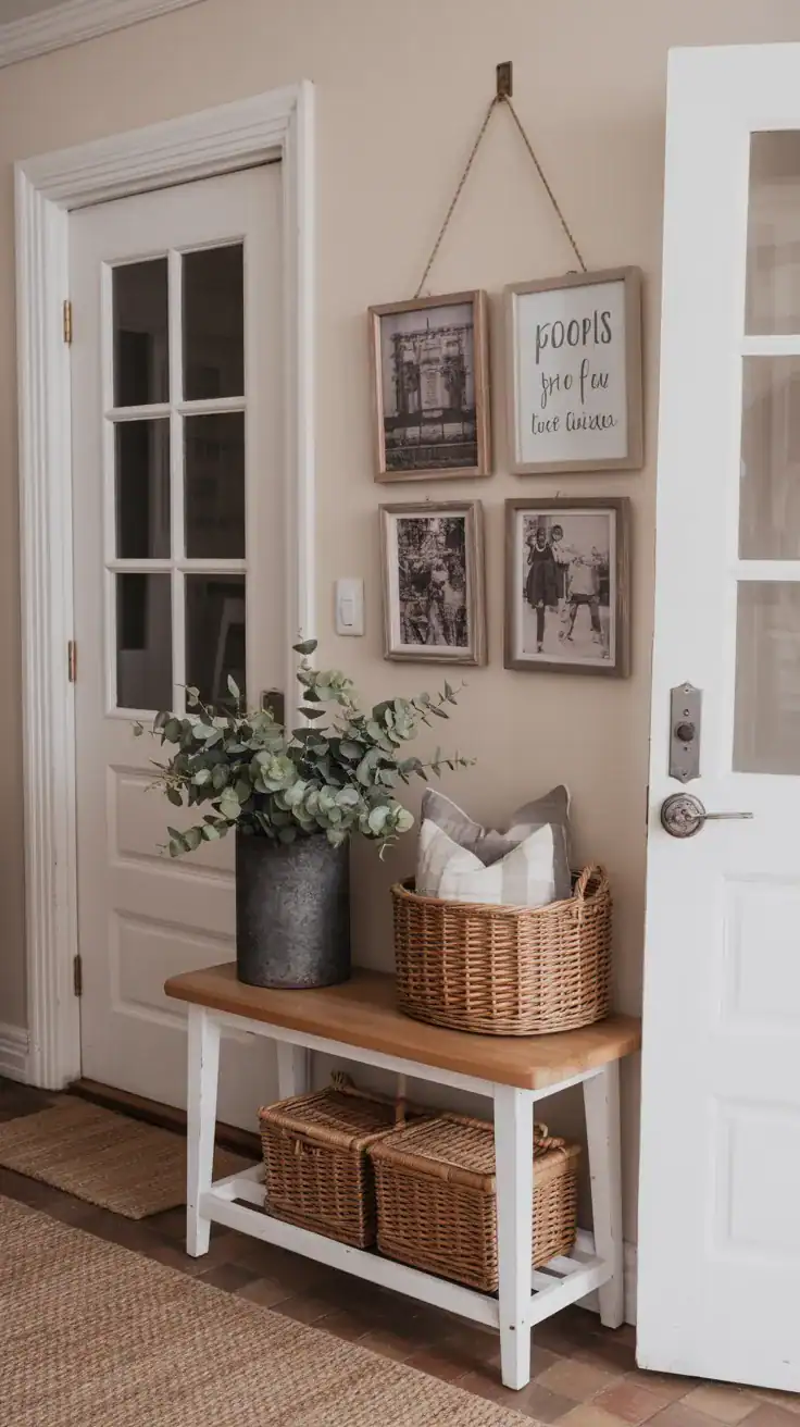 Imperfect, personal decor items in a rustic meets shabby chic entryway