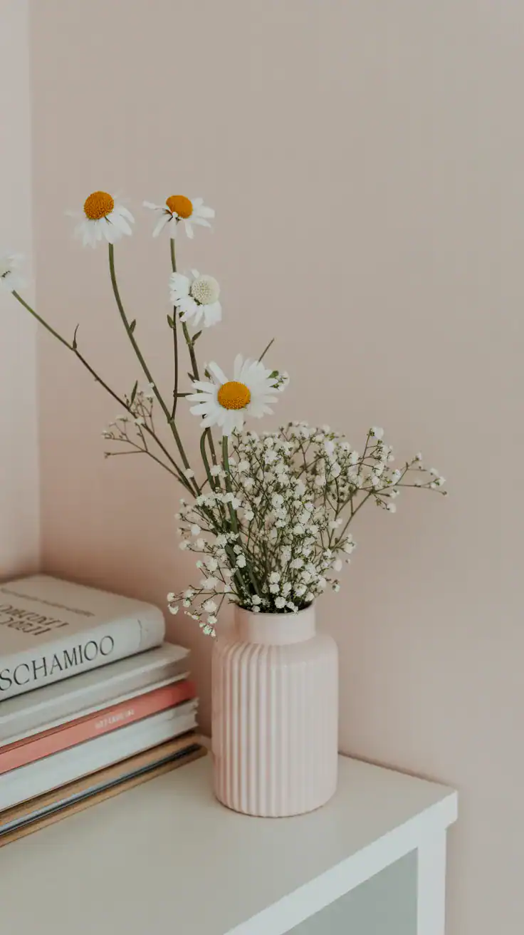 Small pastel vase with simple arrangement on shelf Small pastel vase with simple arrangement on shelf
