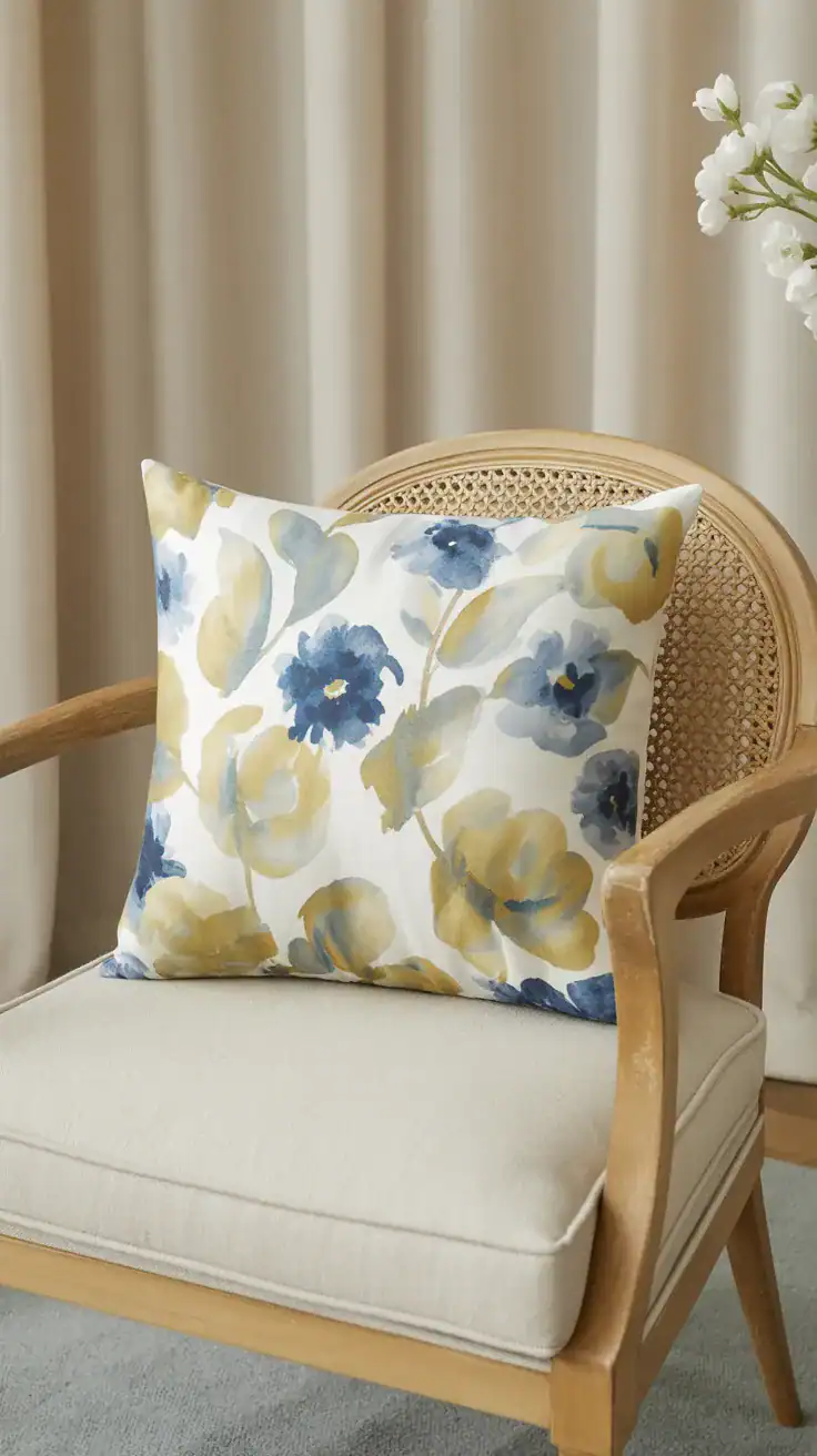 Subtle watercolor floral print pillow on chair Subtle watercolor floral print pillow on chair