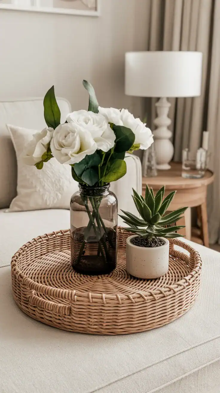 Decorative tray organizing coffee table items Decorative tray organizing coffee table items