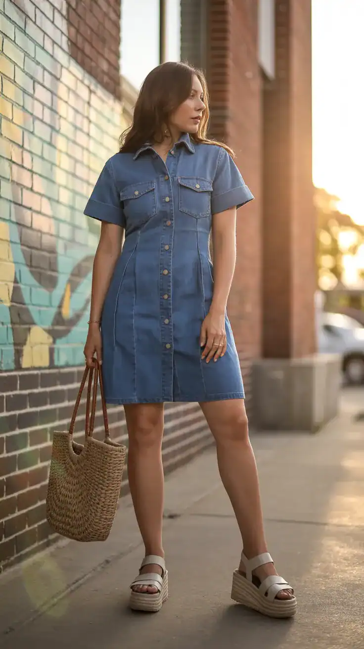 Natural lifestyle shot of a woman wearing a short-sleeve denim dress with buttons and patch pockets, platform sandals and a woven tote, standing by a brick mural, face turned away, golden-hour light, iPhone photo quality.