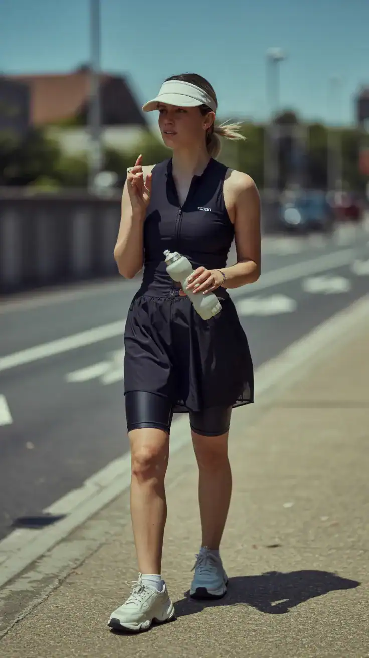 Candid photo of a woman in an athletic dress with built-in shorts and a zip-front, visor and chunky trainers, pausing with a water bottle by an urban bike path, face slightly blurred, bright outdoor light, iPhone aesthetic.