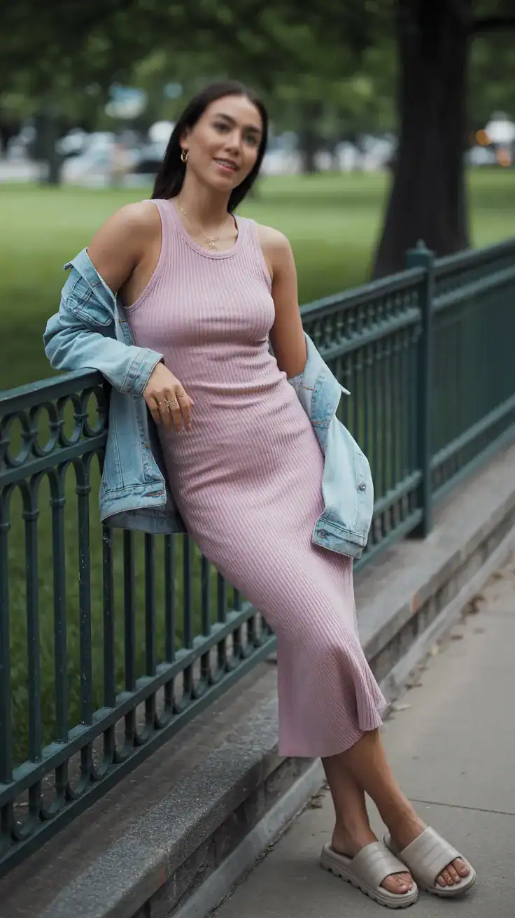 Candid photo of a woman in a ribbed knit tank dress that skims the body, paired with a light denim jacket tied at the waist and slide sandals, leaning on a park railing, face slightly blurred, soft afternoon light, casual iPhone aesthetic.