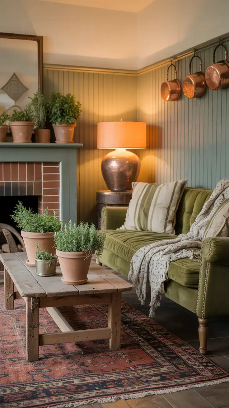 Cozy rustic living area, corner angle medium shot: lower walls in sage beadboard with warm white above; terracotta-tiled hearth as focal point; rosemary-green velvet sofa with cream and olive striped throws; distressed pine coffee table; terracotta planters overflowing with herbs; antique Persian rug with terracotta threads; copper pots hanging on a peg rail catching warm afternoon light.