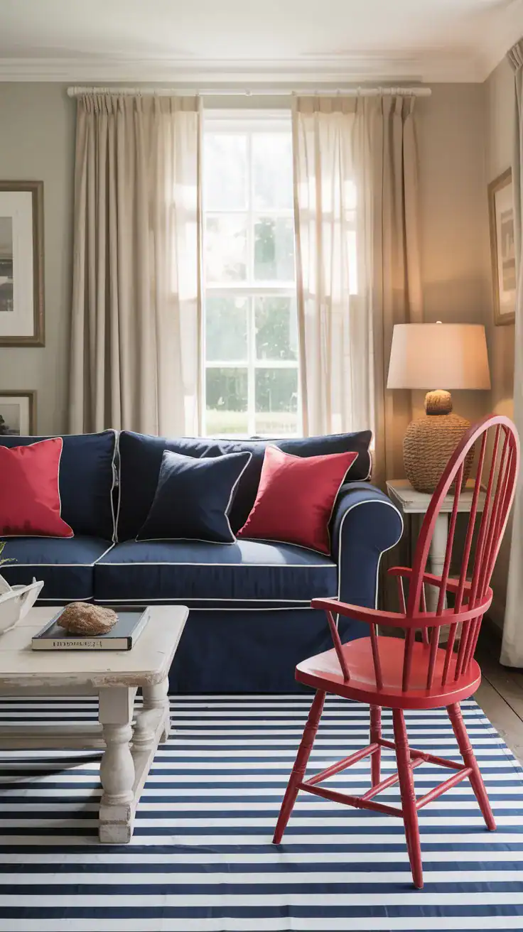 Photorealistic medium shot of a bold yet cozy living room: soft linen wall color; navy slipcovered sofa accented with poppy red pillows edged in white piping; natural linen curtains; rope-wrapped table lamp on a side table; bleached wood coffee table; striped navy-and-cream runner leading through the space; a single red-painted Windsor chair as a striking accent; balanced, even daylight.