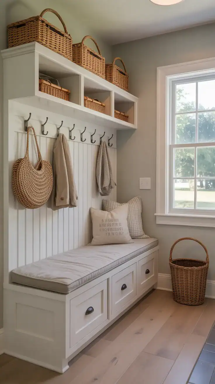 Built-in mudroom bench with closed shoe storage cabinets and a cushioned seat in a bright cottage-style entryway