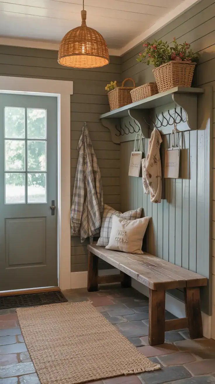 Rustic wooden farmhouse bench used as seating in a cozy cottage mudroom
