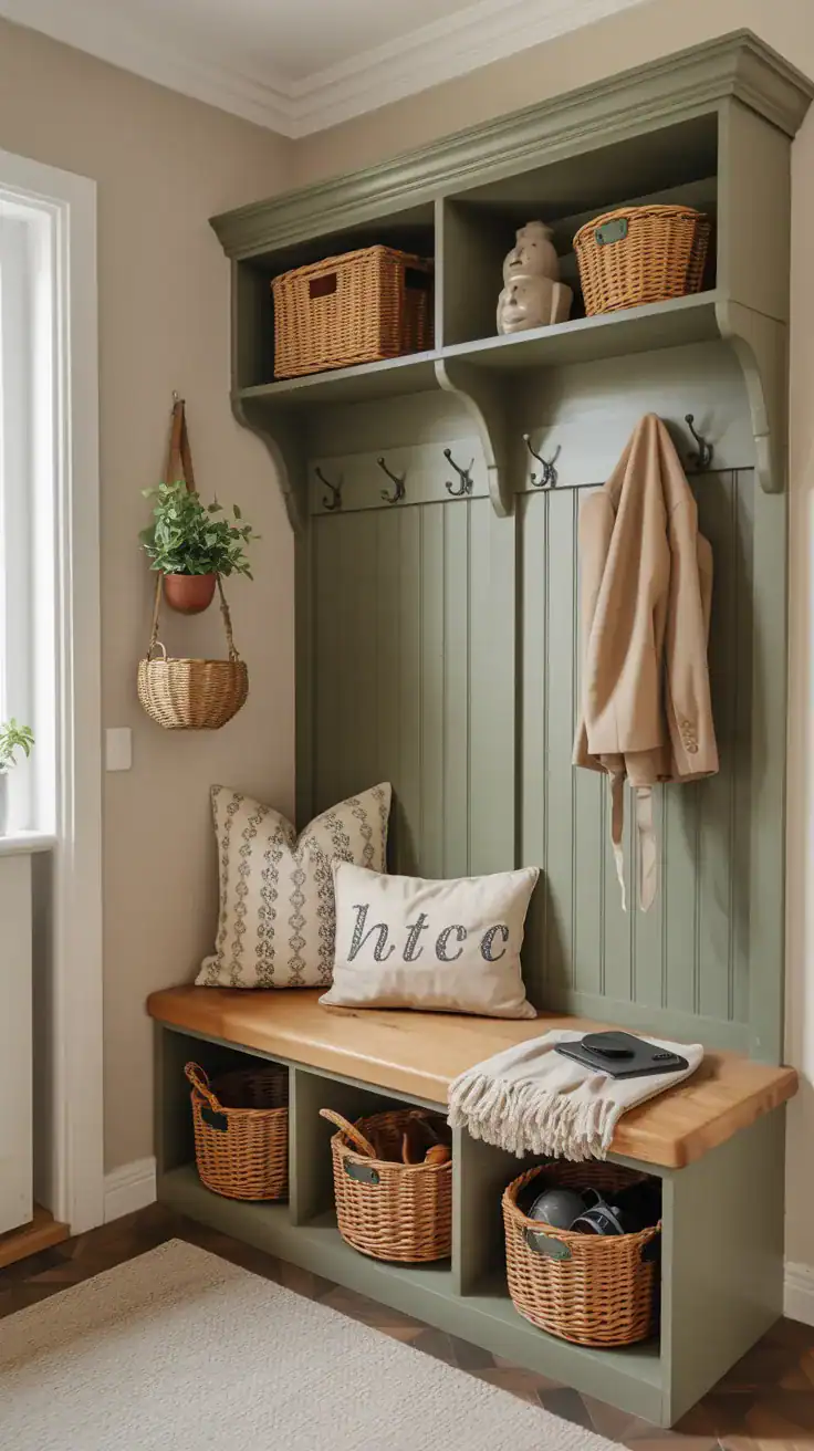 Upholstered mudroom bench with hidden storage offering comfortable seating in a cozy entryway