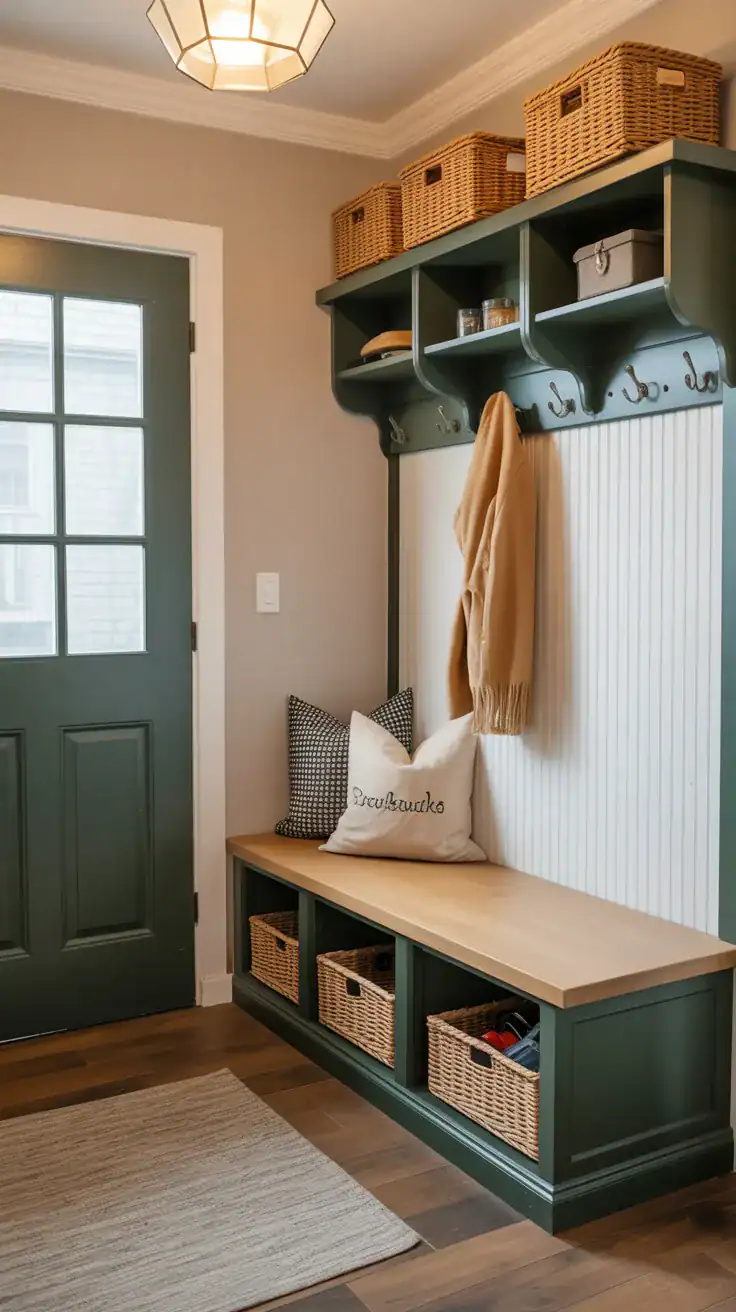 Narrow mudroom bench providing seating in a small entryway without crowding the space
