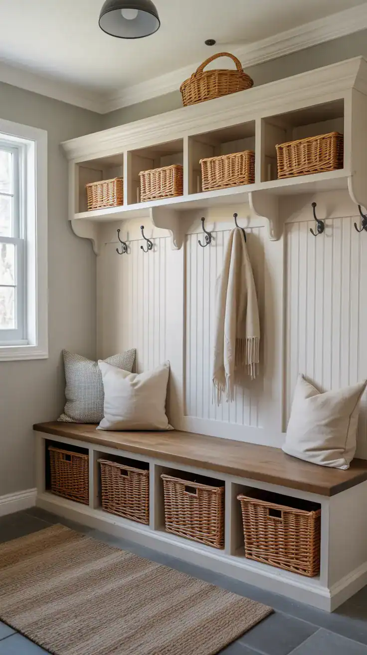 Mudroom bench with baskets underneath for easy storage and casual seating