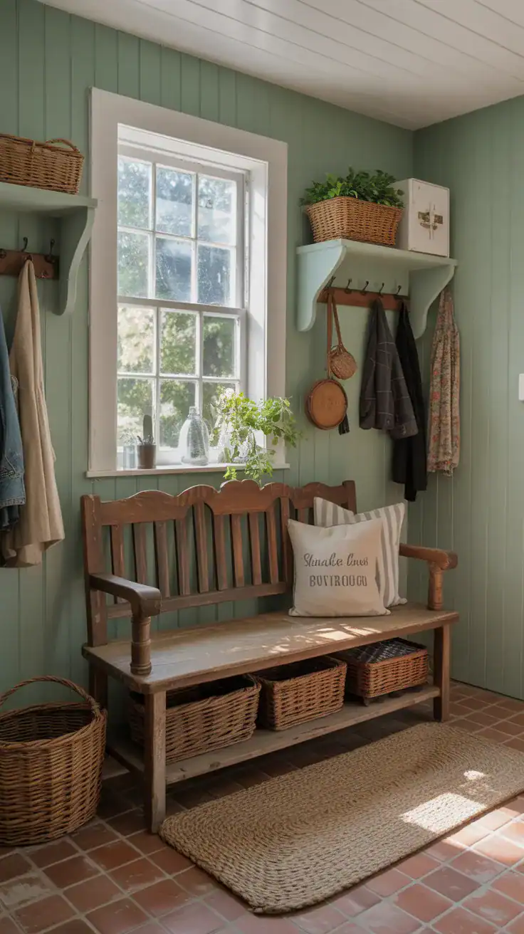 Vintage wooden bench repurposed as seating in a charming cottage mudroom