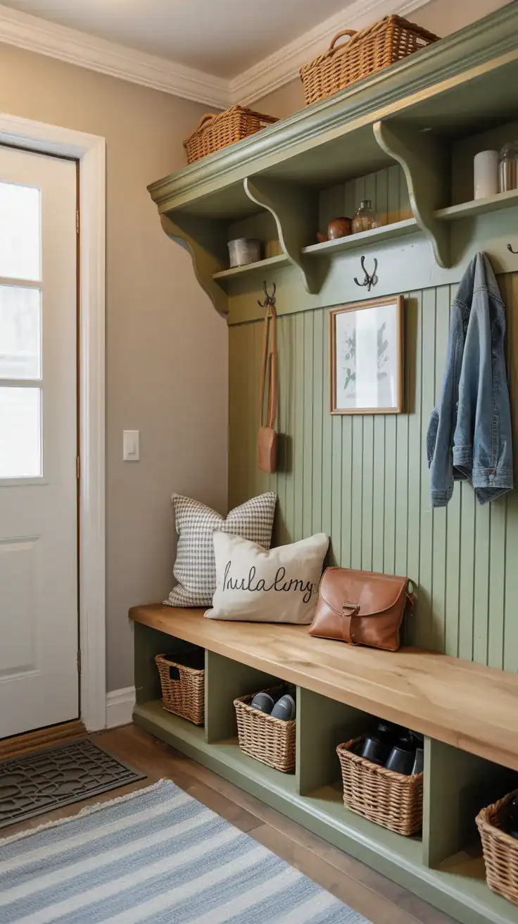 Mudroom bench with back support offering comfortable seating in a functional entryway