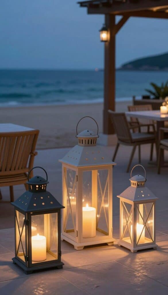 Lantern-style lighting creating ambiance on a coastal patio
